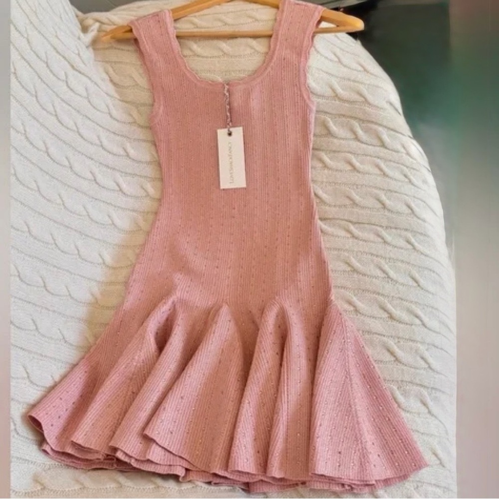 LoveShackFancy Pink Knit Flared Mini Dress